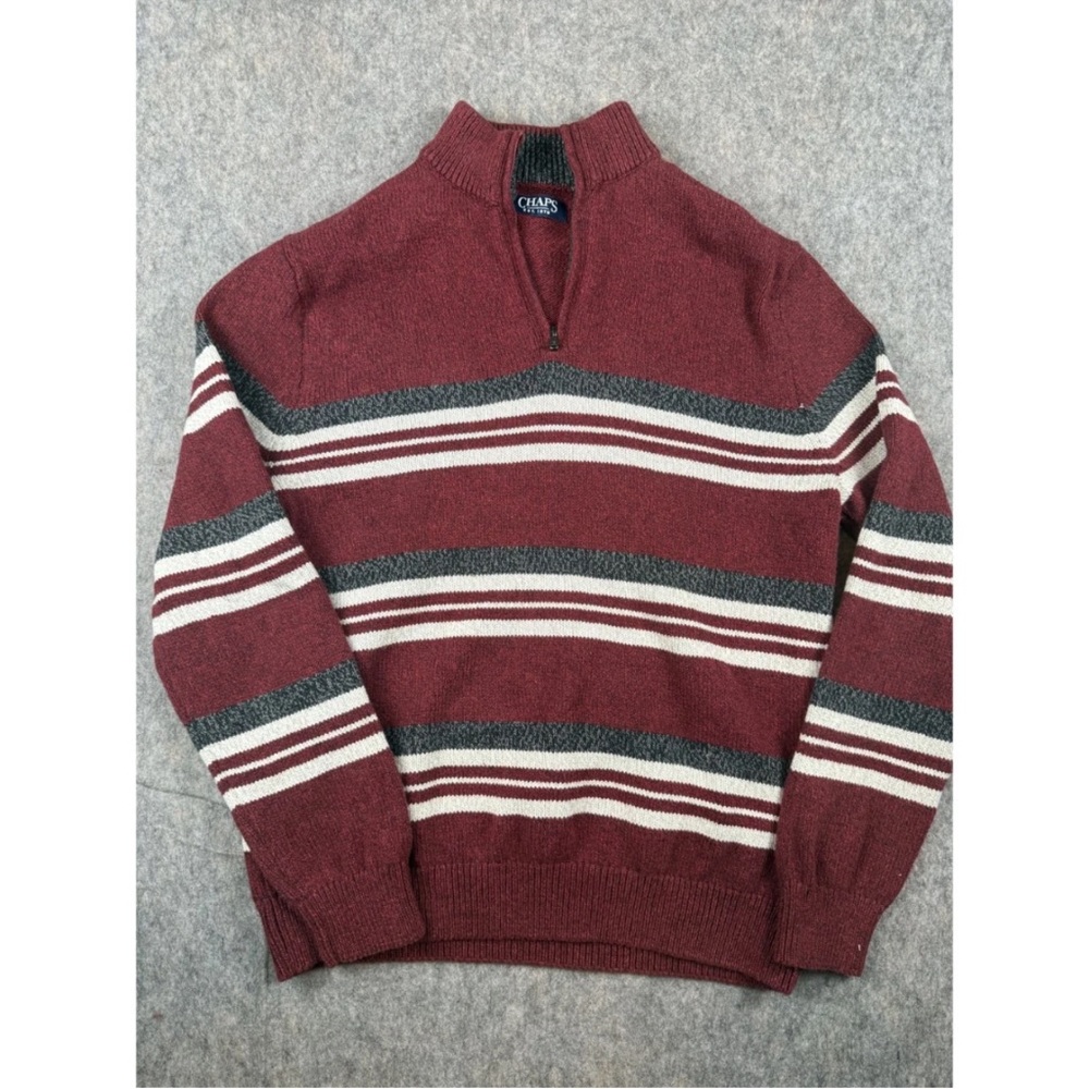 Chaps Sweater Men's Large Red White Striped‎ Ribbed Hem Long Sleeve Quarter Zip